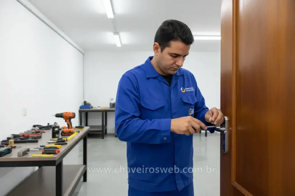 Chaveiro instalando fechadura tetra na porta de madeira.