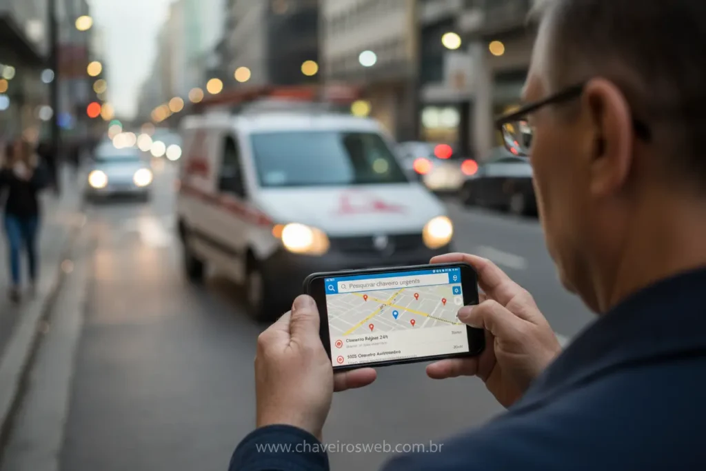 Pessoa buscando chaveiro urgente no smartphone com mapa