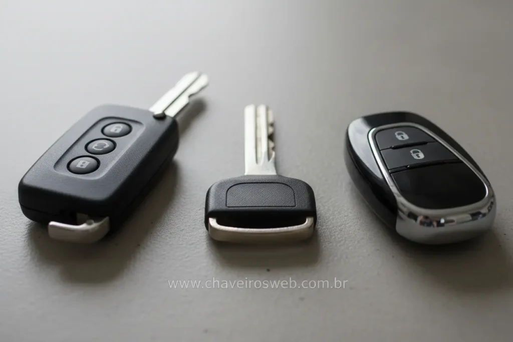 Detalhe de diferentes tipos de chaves automotivas modernas